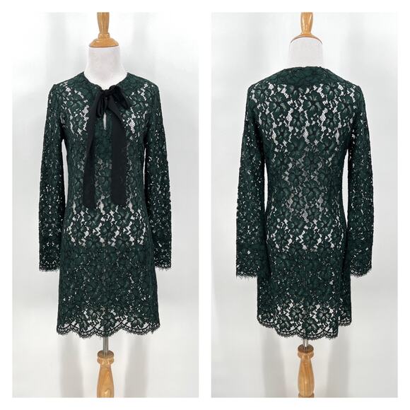 SANDRO Lace Dress Womens Small Green Long Sleeve Tie Neck Mini Sheath - Picture 1 of 16